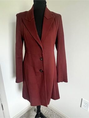 Cabi 3545 Boss Ponte Knit Box Pleated Long Trench Coat Jacket Burgundy $209 Sz S